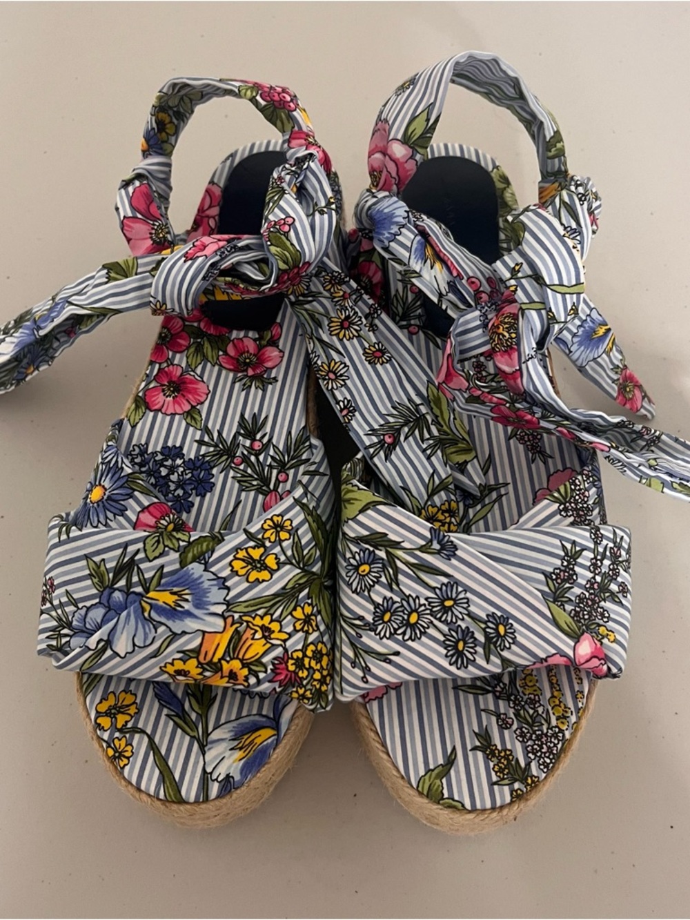 Zara Floral Blue & White Striped Espadrille Sandals